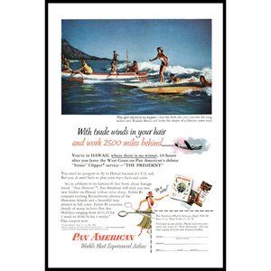 1953 Pan Am Airlines Waikiki Hawaii Vintage Print Ad Surf Boards Surfing Art